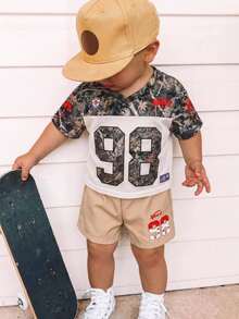 2pcs/Set Baju Bayi Laki-laki Lucu Musim Panas Warna Hijau Motif Huruf Olahraga Lengan Pendek dan Celana Pendek Pinggang Elastis Set Kamuflase Set Blok Warna Set Gaya Jalanan Set Bayi Laki-laki - MultiWarna - View 4