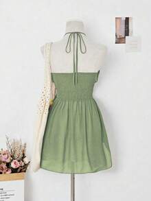 Elamini Resin Round Hoop Design Semi-Sheer Bohemian Halter Top - Army Green - View 3