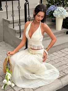INAWLY Women's Vacation Contrast Lace Halter Top And Skirt Fashion Set Cream White Summer Tropical Elegant - Yellow - View 1