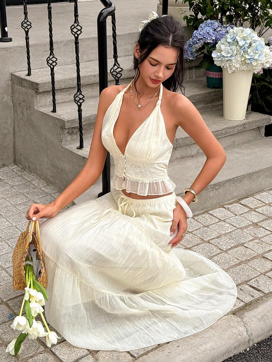 INAWLY Women's Vacation Contrast Lace Halter Top And Skirt Fashion Set Cream White Summer Tropical Elegant - Yellow - View 1