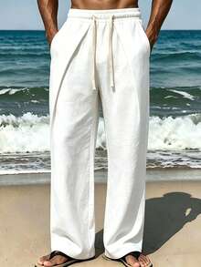 VIVINTIMO Men's Solid Color Drawstring Waist Pocket Straight Leg Casual Pants, Holiday - White - View 3