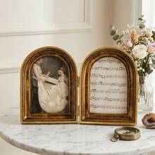 Cirelle 1pc Vintage Double Picture Frame - Folding Arch Photo Frame With Distressed Gold Finish, Retro Resin Art Display Ornaments For Tabletop, Antique French Country Home Decor - gold - View 6