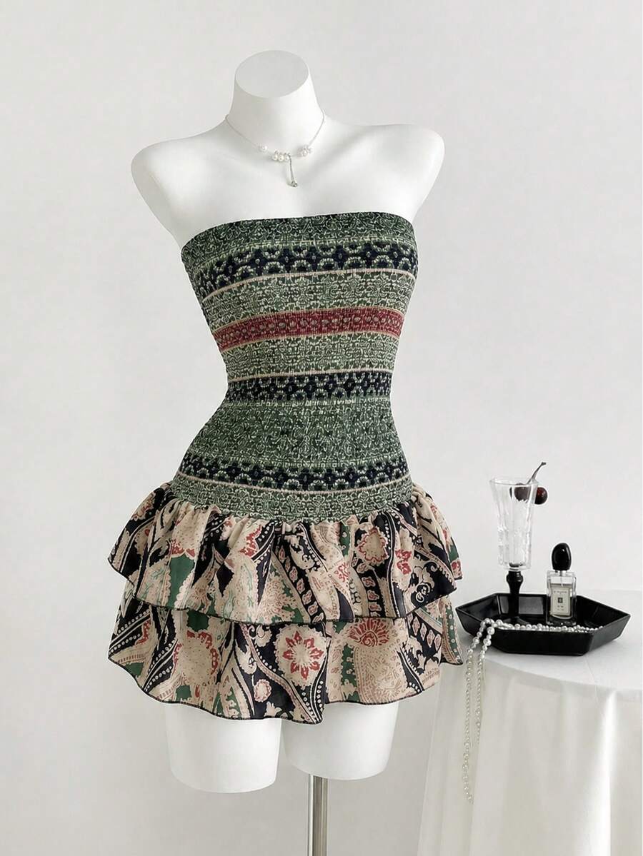 Elamini Paisley Print Strapless Mini Dress, Casual Vacation - Multicolor - View 1