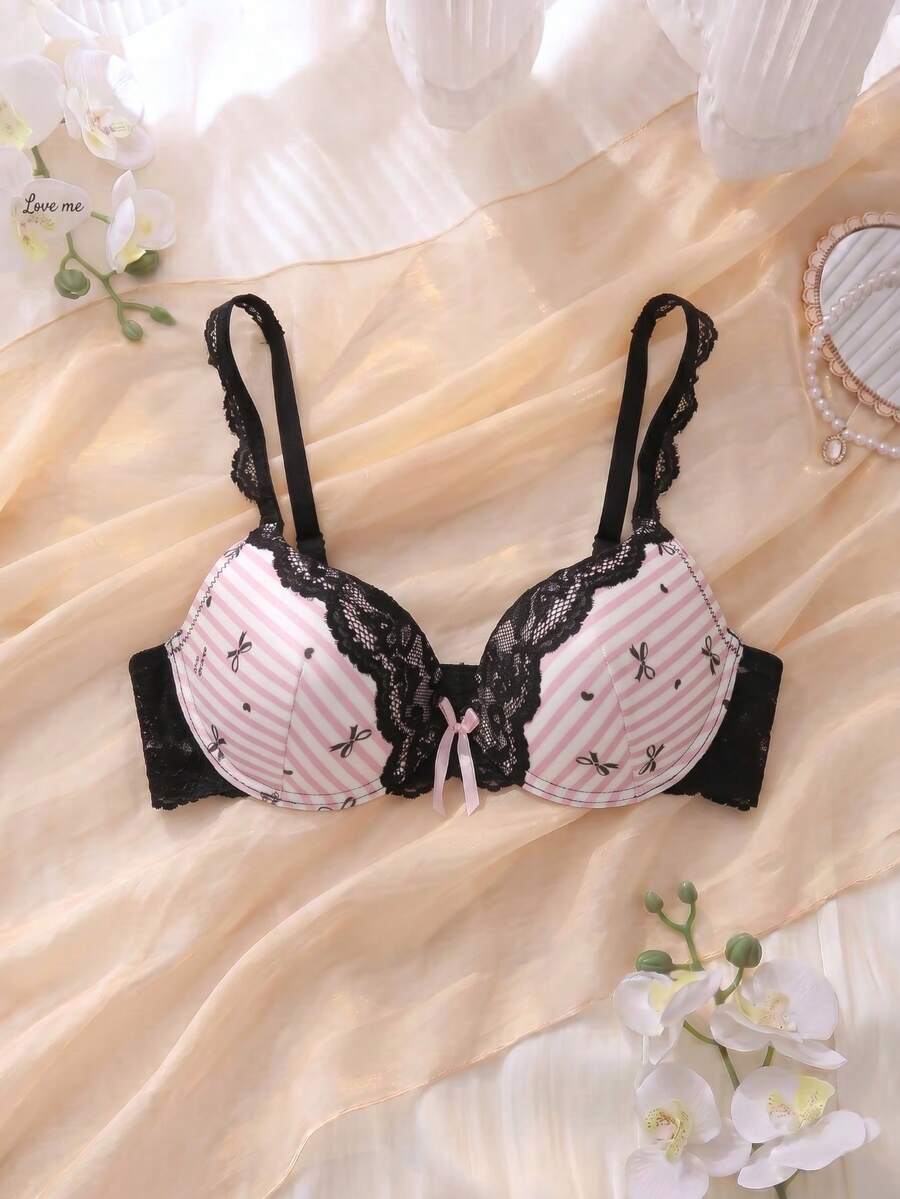 DelicateAllure Underwire Padded 3/4 Cup Bras, Gathering & Lifting, Cute Bow, Striped, Color Contrast, Lace, Satin, Ladies Bra - Pink - View 1