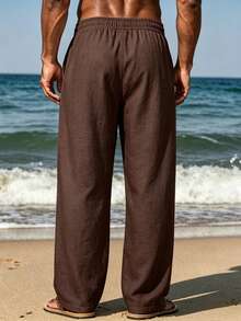 VIVINTIMO Men's Solid Color Drawstring Waist Pocket Straight Leg Casual Pants, Holiday - Coffee Brown - View 2