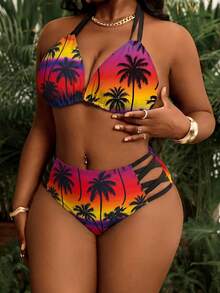 Slaydiva Plus Size Two-Tier Coconut Tree Print Tie-Front Sexy Summer Beach Bikini Set - Multicolor - View 3