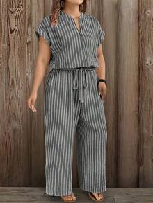 EMERY ROSE Large-Sized Woven Striped Vacation Casual Women's Jumpsuit - Light Grey - View 3