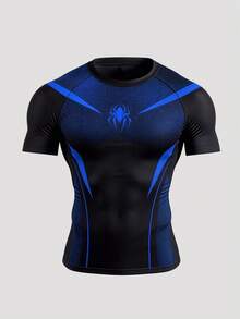 GymBeat Camiseta deportiva de hombre con bloques de color, patchwork y estampado de araña, para gimnasio - Negro - Ver 3