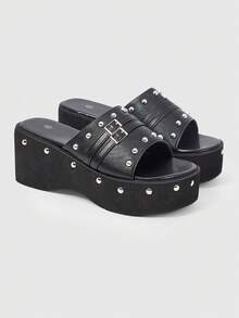 ROMWE Grunge Punk Sandalias de tacón para mujer 2026 nuevas, estilo dulce y fresco con uñas de sauce, suela gruesa, pantuflas tipo muffin, estilo punk de nicho de alta gama, drag - Negro - View 1
