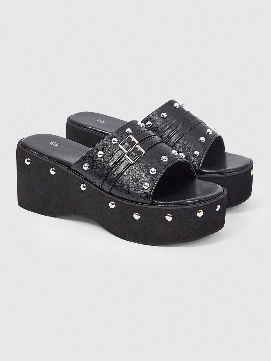 ROMWE Grunge Punk Sandalias de tacón para mujer 2026 nuevas, estilo dulce y fresco con uñas de sauce, suela gruesa, pantuflas tipo muffin, estilo punk de nicho de alta gama, drag - Negro - View 1