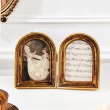 Cirelle 1pc Vintage Double Picture Frame - Folding Arch Photo Frame With Distressed Gold Finish, Retro Resin Art Display Ornaments For Tabletop, Antique French Country Home Decor - gold - View 7