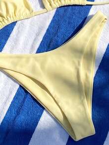 Bonvoyette 2er/Set Damen Strandoutfit, modisches süßes sexy Urlaubs-Seaside-Schwimmbad-Party-Badeanzug in Unifarbe mit Dreieck-Halter-Bikini-Top und Unterteil, rückenfrei mit Bindeband - Hellgelb - Übersicht 6