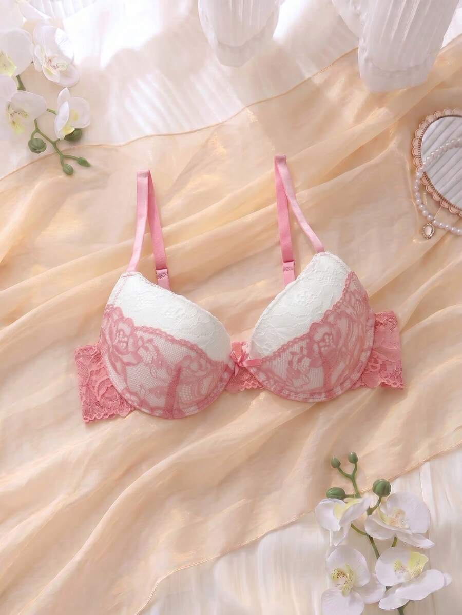 DelicateAllure 女士拼色蕾丝拼接吊带背心文胸蕾丝文胸可爱文胸,卡哇伊 - 粉色 - 查看 1