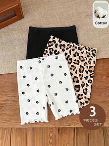 SHEIN 3pcs Baby Girl Knitted Solid Color, Floral & Leopard Print Coordinated Casual Outfit Set - Multicolor - View 7