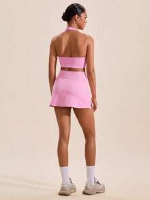 VARSIVA Solid Color Halter-Neck Casual Top And Bottom Women Sports Sets - Pink - View 5
