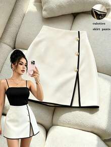 SHEIN Franclia 夏季新品，休閒通勤百搭女款短褲、裙褲、半身裙、高腰顯瘦開衩迷你裙，四季皆宜短褲適用於春、夏、秋、冬，度假、生日、派對、通勤、約會、Y2K、度假穿搭，純色米色，下身女裝 - 杏色 - 查看 1