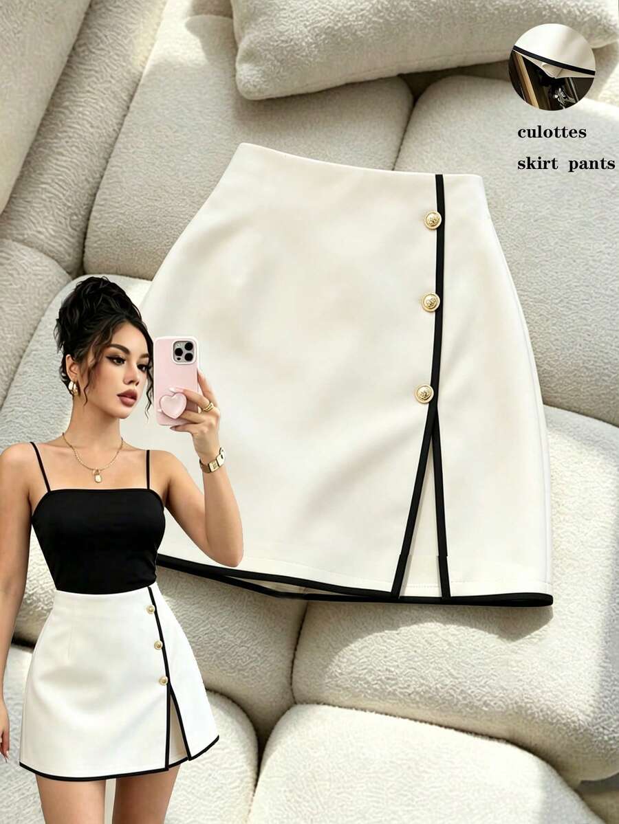SHEIN Franclia 夏季新品，休閒通勤百搭女款短褲、裙褲、半身裙、高腰顯瘦開衩迷你裙，四季皆宜短褲適用於春、夏、秋、冬，度假、生日、派對、通勤、約會、Y2K、度假穿搭，純色米色，下身女裝 - 杏色 - 查看 1