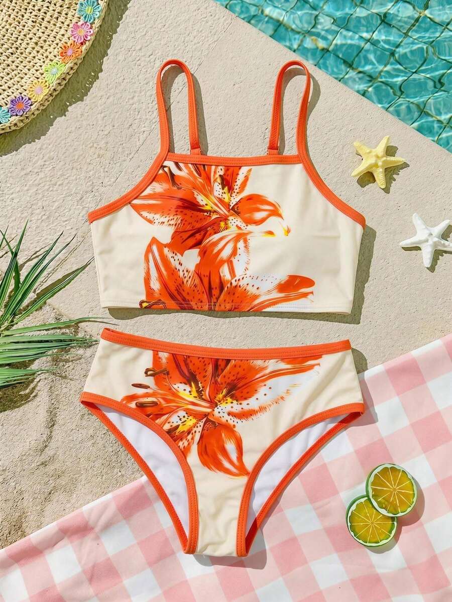 SHEIN 少女 3件組碎花細肩帶泳裝上衣與短褲套裝 - 彩色 - 查看 1