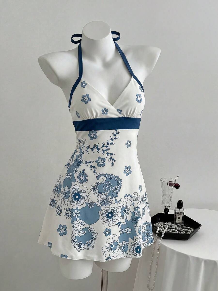 Elamini 女士极简度假风印花性感V领露背系带迷你连衣裙,夏季 - 藍白色 - View 1