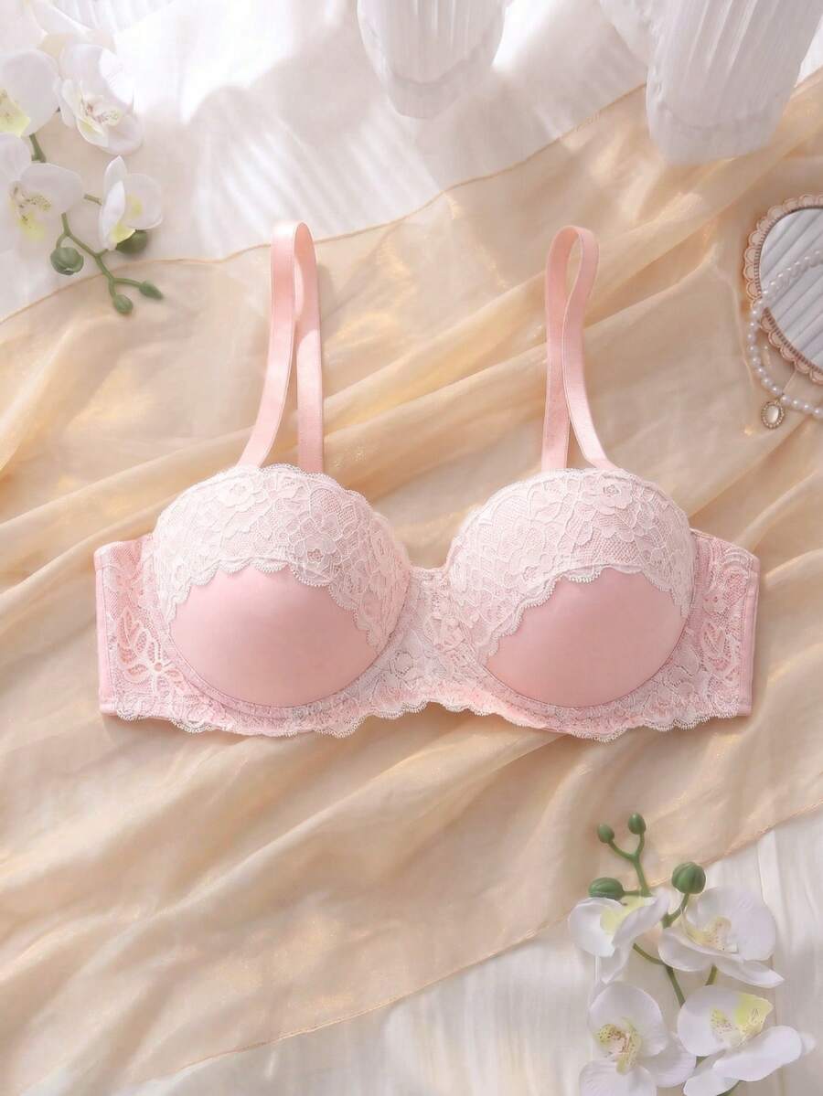 DelicateAllure Sujetador sin tirantes de encaje con flores, copa balconette con aros y push-up, ideal para vacaciones y fiestas, rosa y blanco, kawaii - Rosa - Ver 1