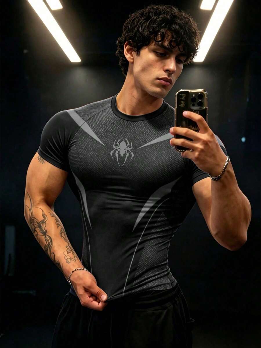 GymBeat Camiseta de cuello redondo con estampado de araña para hombre, adecuada para deportes, vacaciones, ejercicio, actividades al aire libre, correr, gimnasio - Negro - Ver 1