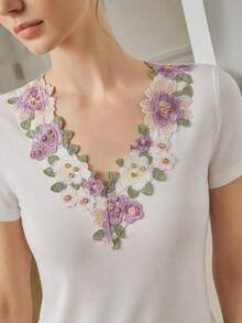 Anewsta Women's New Elegant French Romantic Floral Hollow-Out Embroidery Rhinestone V-Neck Short Sleeve Blouse, Summer - White - View 2