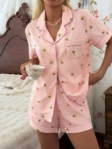 CottageSlumber Women's New Lemon Plaid Print Button-Down Short Sleeve Shorts Pajama Set - Pink - View 2