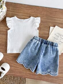 SHEIN Baby Girl Solid Color Round Neck Short Flutter Sleeve T-Shirt And Shorts Casual Set - White - View 2