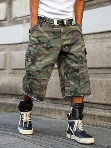 PAVTROS Manfinity Streetrush Men's Casual Cargo Pockets Camouflage Frayed Hem Loose Denim Shorts Jorts Going Out Hang Out Party Disco Street - Army Green - View 3