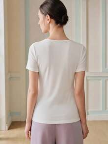 Anewsta Women's New Elegant French Romantic Floral Hollow-Out Embroidery Rhinestone V-Neck Short Sleeve Blouse, Summer - White - View 3