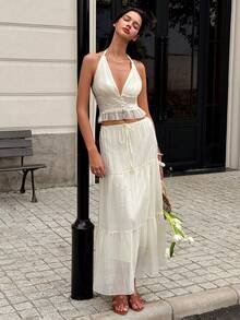 INAWLY Women's Vacation Contrast Lace Halter Top And Skirt Fashion Set Cream White Summer Tropical Elegant - Yellow - View 3