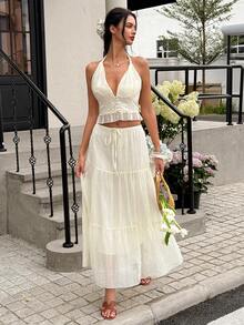 INAWLY Women's Vacation Contrast Lace Halter Top And Skirt Fashion Set Cream White Summer Tropical Elegant - Yellow - View 4