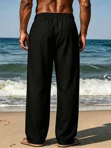 VIVINTIMO Men's Solid Color Drawstring Waist Pocket Straight Leg Casual Pants, Holiday - Black - View 2