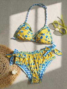 SHEIN Kids Tween Girls Beach Outfit Summer Outfits Vacation Outfits Flower Yellow Vintage Colorful Plaid Floral Printed Ruffle Tie Front Decor Beach Bikini Set For Summer - Yellow - View 11