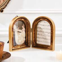 Cirelle 1pc Vintage Double Picture Frame - Folding Arch Photo Frame With Distressed Gold Finish, Retro Resin Art Display Ornaments For Tabletop, Antique French Country Home Decor - gold - View 10