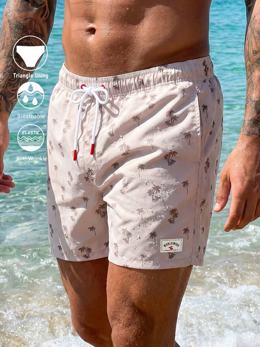 Manfinity Swimmode Men's Coconut Tree Print Elastic Waist Drawstring Beach Pants Holiday / Vacation / Beach / Hawaii / Tropical / Swim / Bathing - Beige - View 1