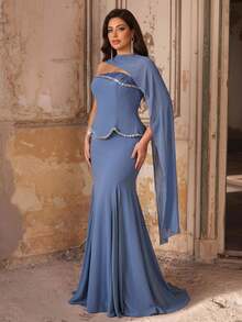 Aureia 大尺碼優雅奢華藍鑽珠飾亮片花卉網格拼接彈性針織美人魚洋裝，掛脖雪紡垂墜設計，適合婚禮、派對、單身派對、度假、舞會、晚宴 - 藍色 - 查看 6