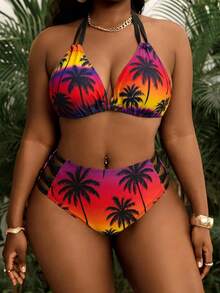 Slaydiva Plus Size Two-Tier Coconut Tree Print Tie-Front Sexy Summer Beach Bikini Set - Multicolor - View 4
