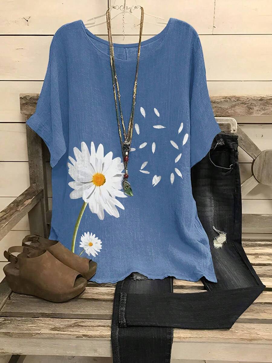 EMERY ROSE Plus Size Floral Print Casual Elegant Round Neck Drop Shoulder Blouse - Baby Blue - View 1