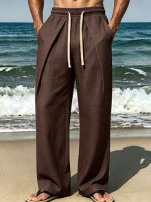 VIVINTIMO Men's Solid Color Drawstring Waist Pocket Straight Leg Casual Pants, Holiday - Coffee Brown - View 3