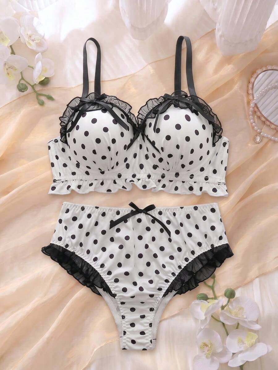DelicateAllure 2 pièces Ensemble de soutien-gorge grande taille avec bonnet moulé, armature, insert en maille, garniture à volants, accent nœud, soulève et rehausse, motif à pois - Noir et Blanc - Voir 1