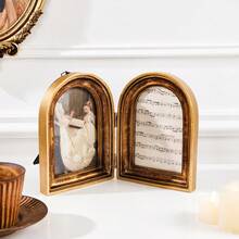 Cirelle 1pc Vintage Double Picture Frame - Folding Arch Photo Frame With Distressed Gold Finish, Retro Resin Art Display Ornaments For Tabletop, Antique French Country Home Decor - gold - View 9