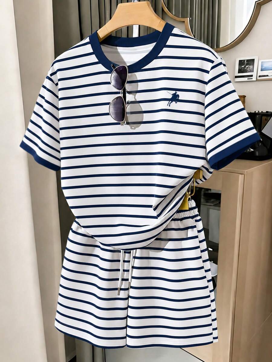 Resyla 海軍藍條紋休閒女裝,夏季新款圓領短袖上衣 + 鬆緊腰短褲 - 寶藍色 - 查看 1