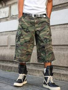 PAVTROS Manfinity Streetrush Men's Casual Cargo Pockets Camouflage Frayed Hem Loose Denim Shorts Jorts Going Out Hang Out Party Disco Street - Army Green - View 6