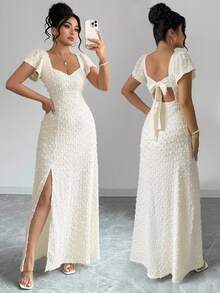 Elenzga Plus Size Women Elegant Sexy Backless Bow Tie Strap High Slit Dress, Spring/Summer - Apricot - View 1