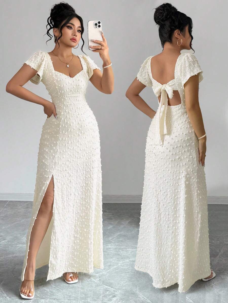 Elenzga Plus Size Women Elegant Sexy Backless Bow Tie Strap High Slit Dress, Spring/Summer - Apricot - View 1