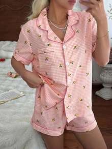 CottageSlumber Women's New Lemon Plaid Print Button-Down Short Sleeve Shorts Pajama Set - Pink - View 7