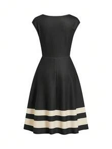 Gownix Striped Print Women's Elegant Solid Black Knit Waist-Cinched A-Line Short Sleeve Mini Dress,Round Neck,Versatile & Comfortable,Summer Office,Tea Party - Black and White - View 3