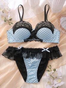 DelicateAllure Polka Dot Mesh Patchwork Lace Lingerie Set - Baby Blue - View 1