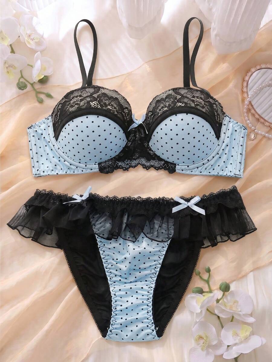 DelicateAllure Polka Dot Mesh Patchwork Lace Lingerie Set - Baby Blue - View 1